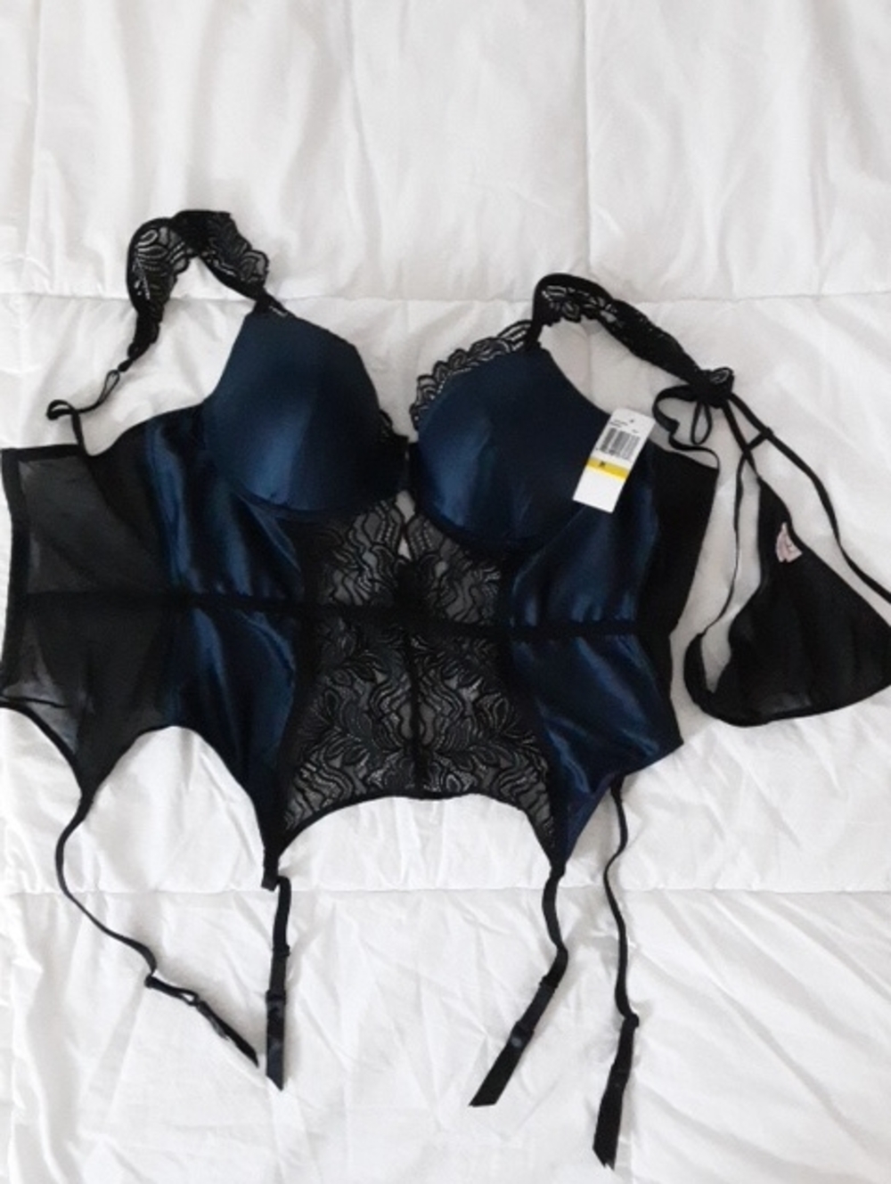 Jezebel Navy Satin & Black Lace Bustier with Garters